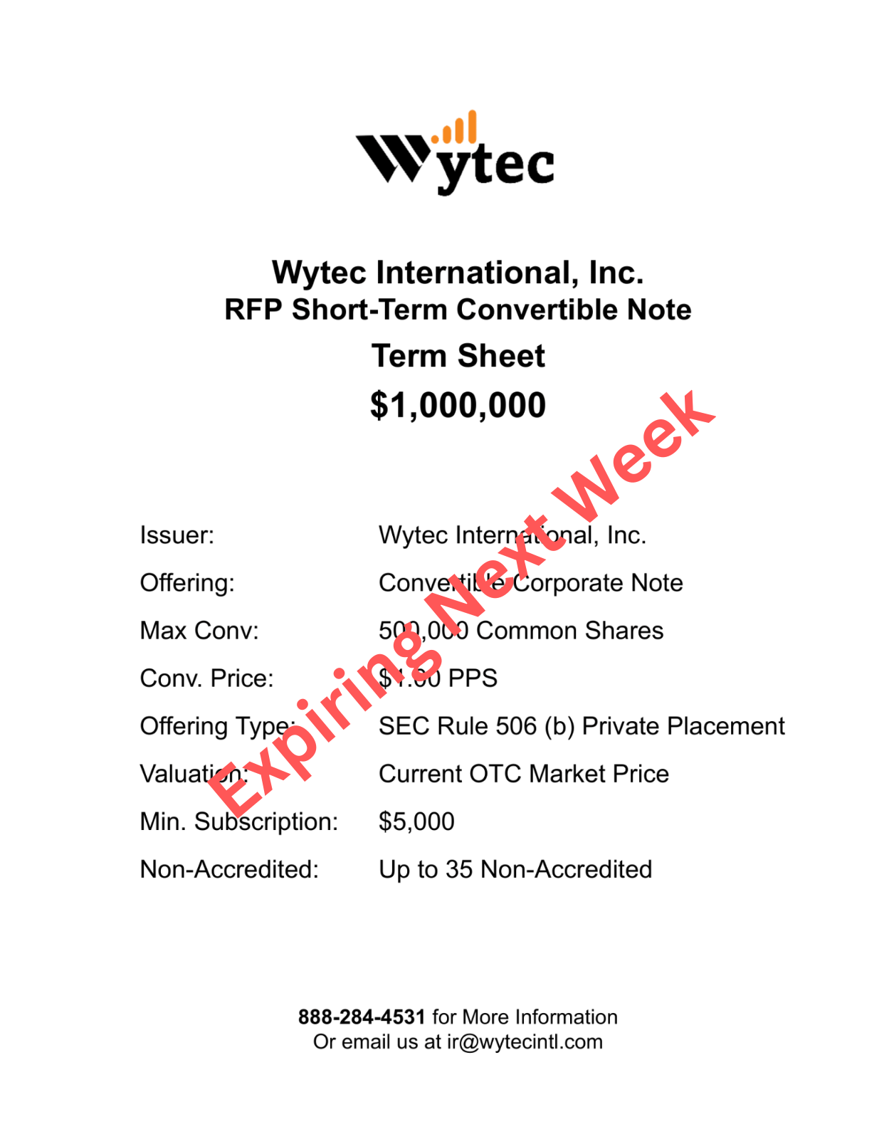 Wytec RFP Short-term Convertible Note